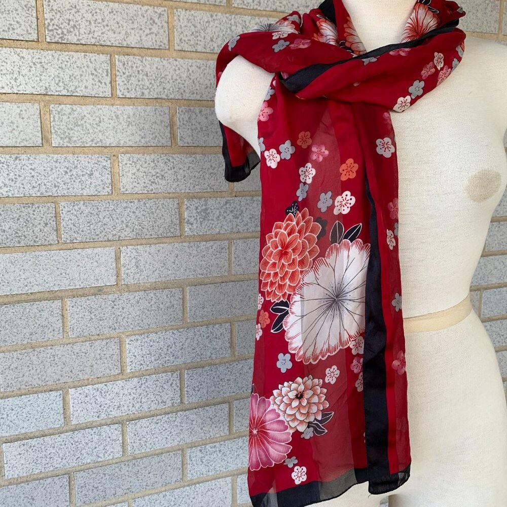 RED FLORAL OBLONG CHERRY BLOSSOMS SCARF 100% SILK ORIENTAL - Picture 3 of 5